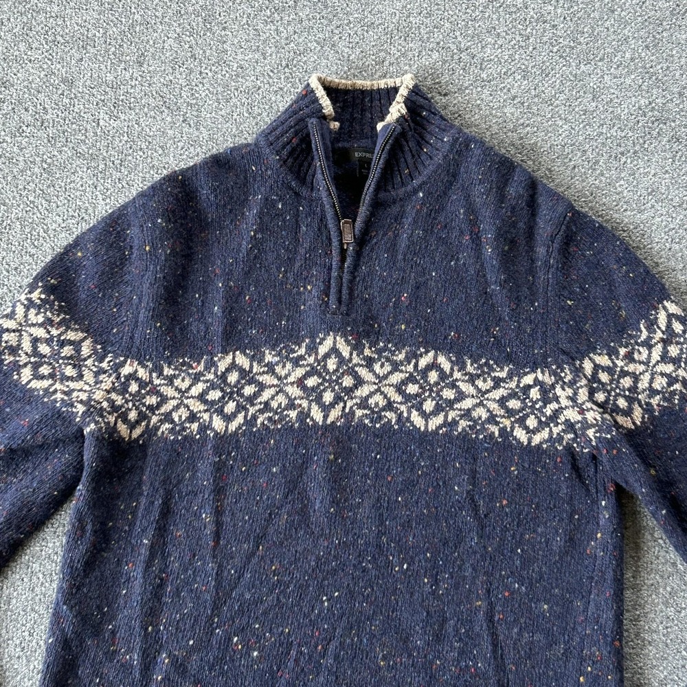 Express Sweater Mens Large Navy Wool Blend Quarter‎ Zip Fair Isle Made Japan - Picture 2 of 10